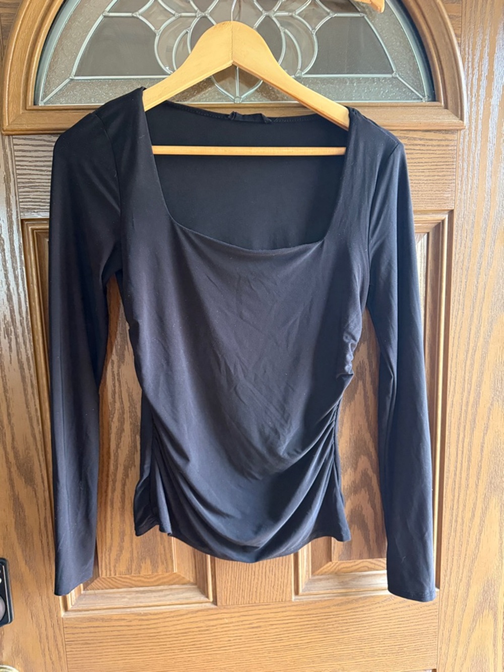 Black Long-Sleeve Scoop Neck Ruched Women's Top